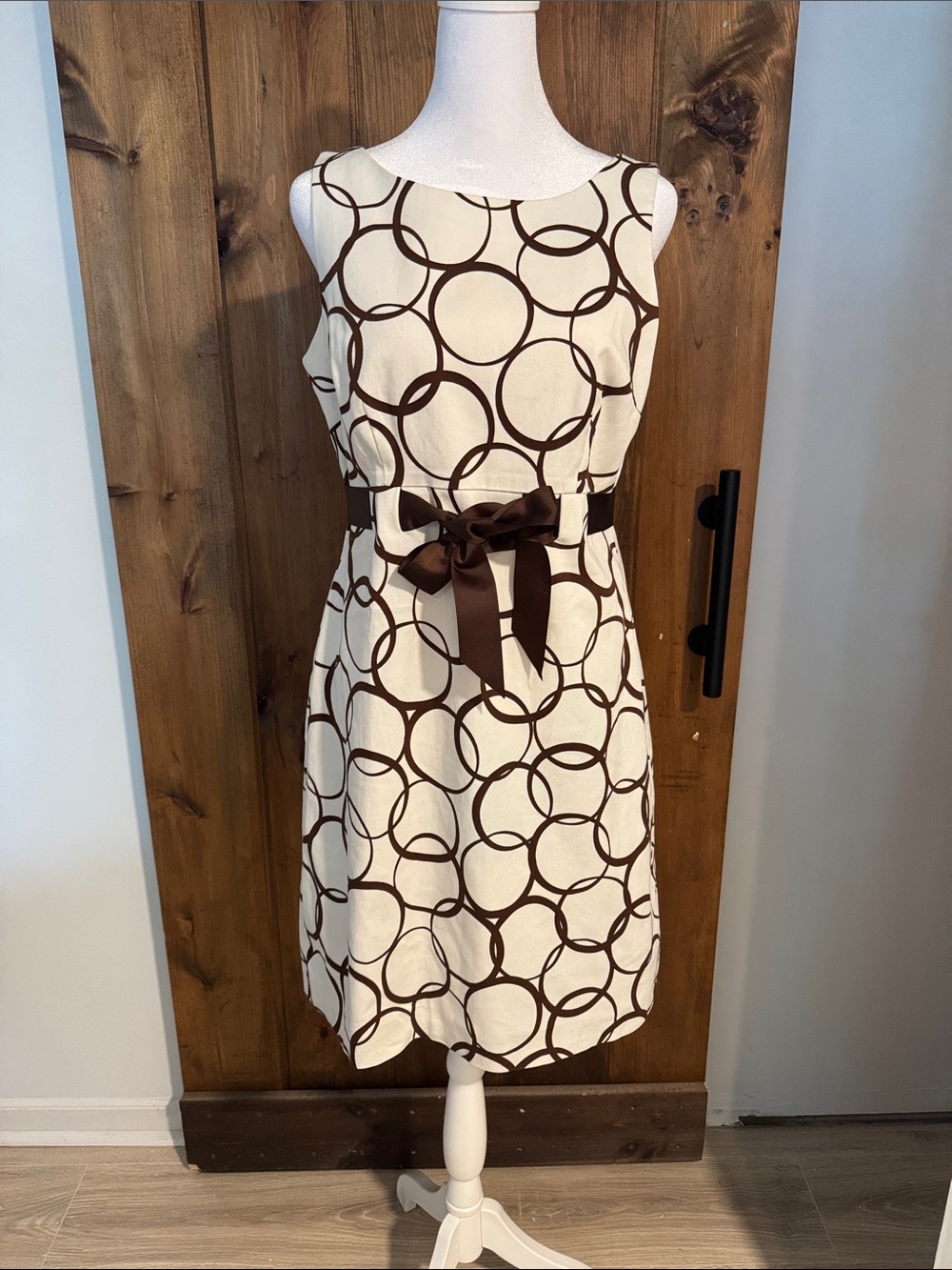 Jessica Howard Cream Midi Dress with Brown Circle Print and Bow - Size 10 Petite